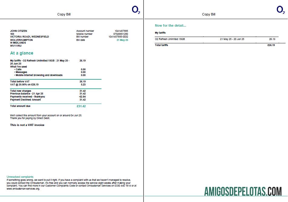 imprimível Modelo de conta de serviços públicos O2 dos EUA em formatos Word e PDF, 2 páginas, versão 2